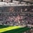 A packed sports stadium filled with enthusiastic fans waving flags and banners. The crowd is dense, showcasing a dynamic and lively atmosphere. Sunlight filters through the stadium roof, casting patterns on the green field below.